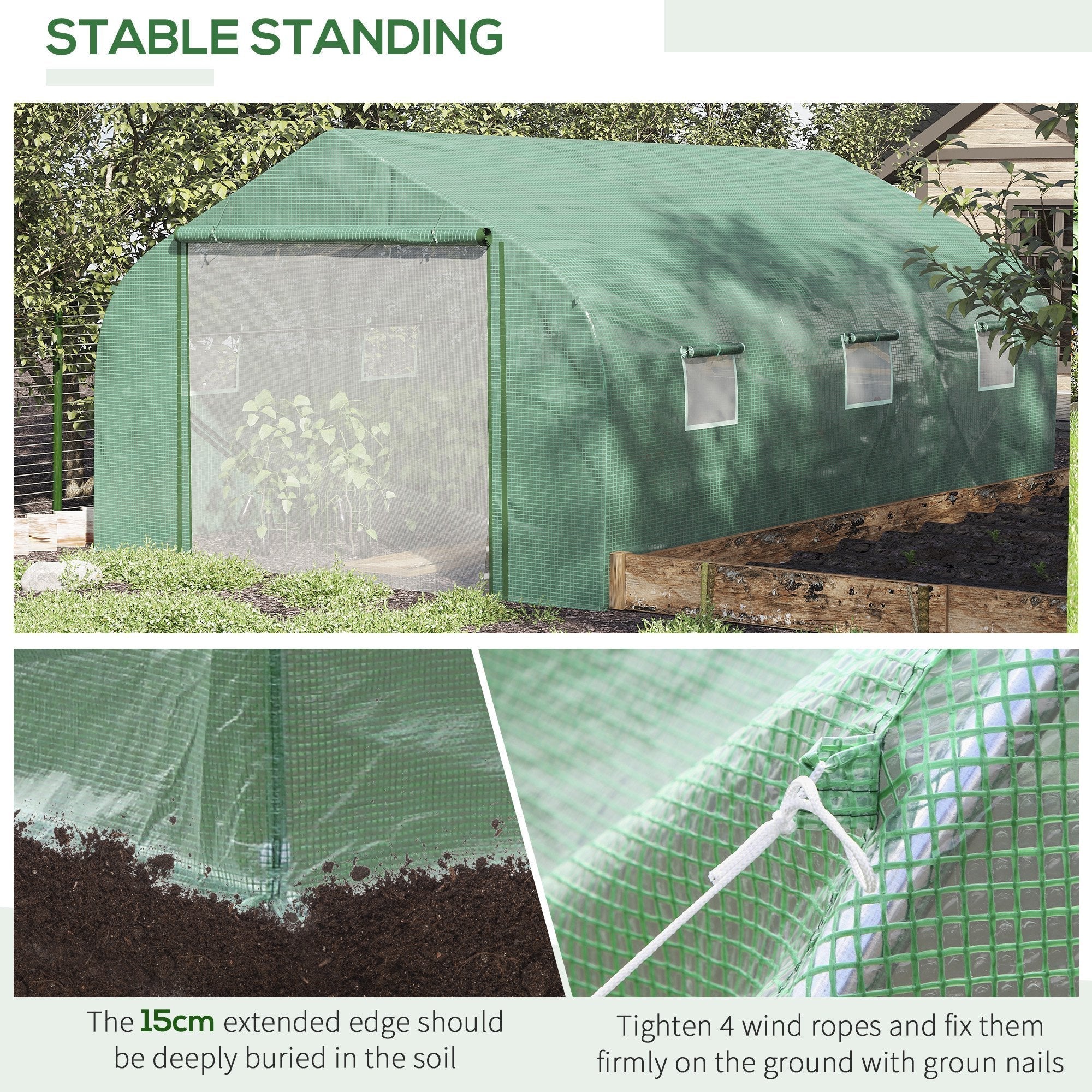 4.47 x 3 x 2m Walk-in Tunnel Greenhouse w/ Roll Up Door and 6 Windows - Image 5
