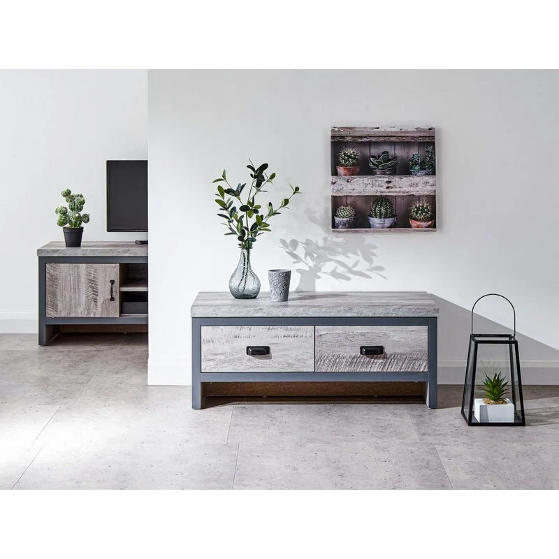 Boston Coffee Table Metal & Wood Grey 2 Drawers - Image 7
