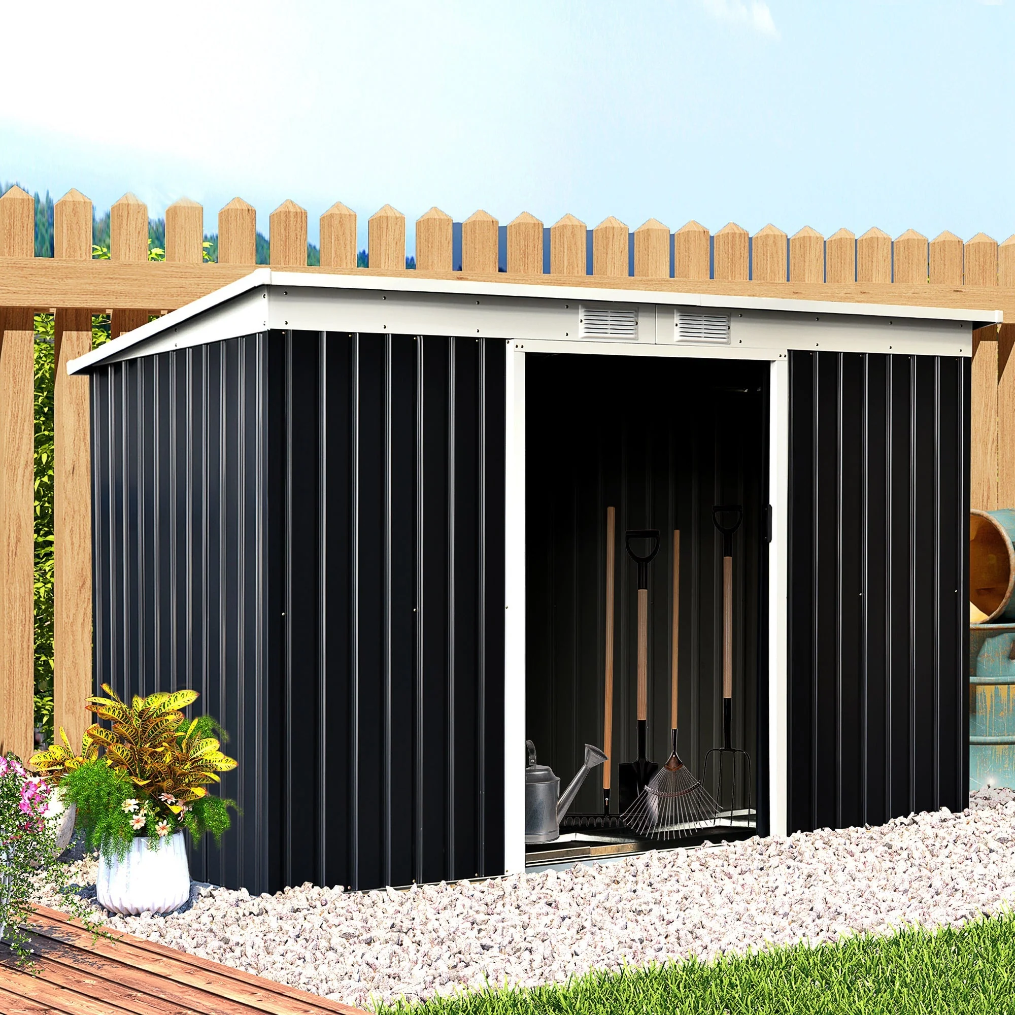 Corrugated 9 x 4' Double Door Pent Garden Shed With Ventilation Steel Dark Grey by Steadfast - Image 2