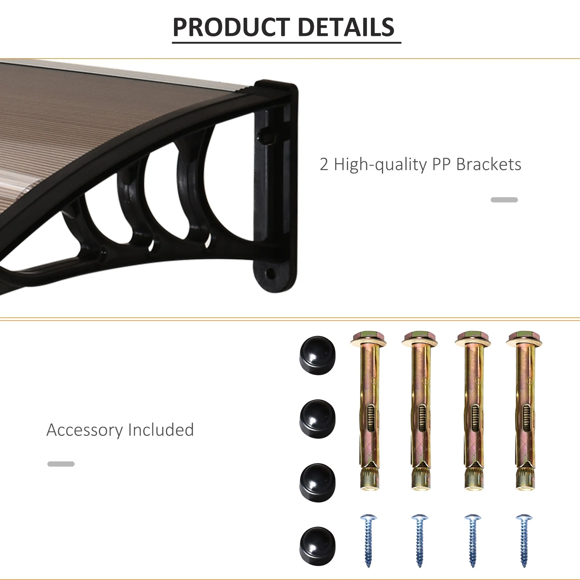 Curved Window Door Canopy Aluminium Rigid Plastic Polycarbonate Fixed Outdoor Awning Modern Design UV Water Rain Resist 120 x 75cm Brown - Image 5