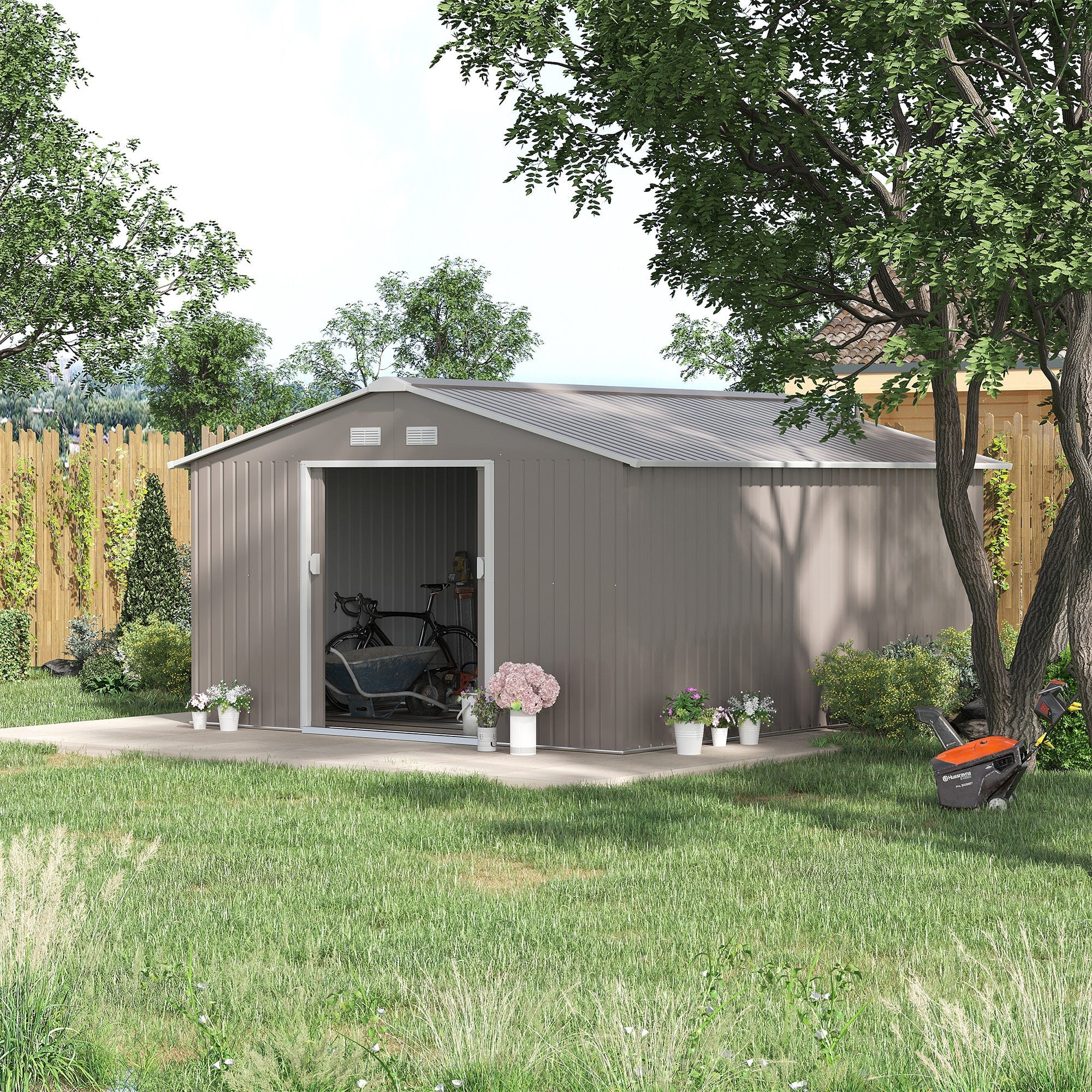Galvanised 13 x 11' Sliding Double Door Apex Garden Shed With Ventilation Steel Light Grey by Steadfast - Image 2