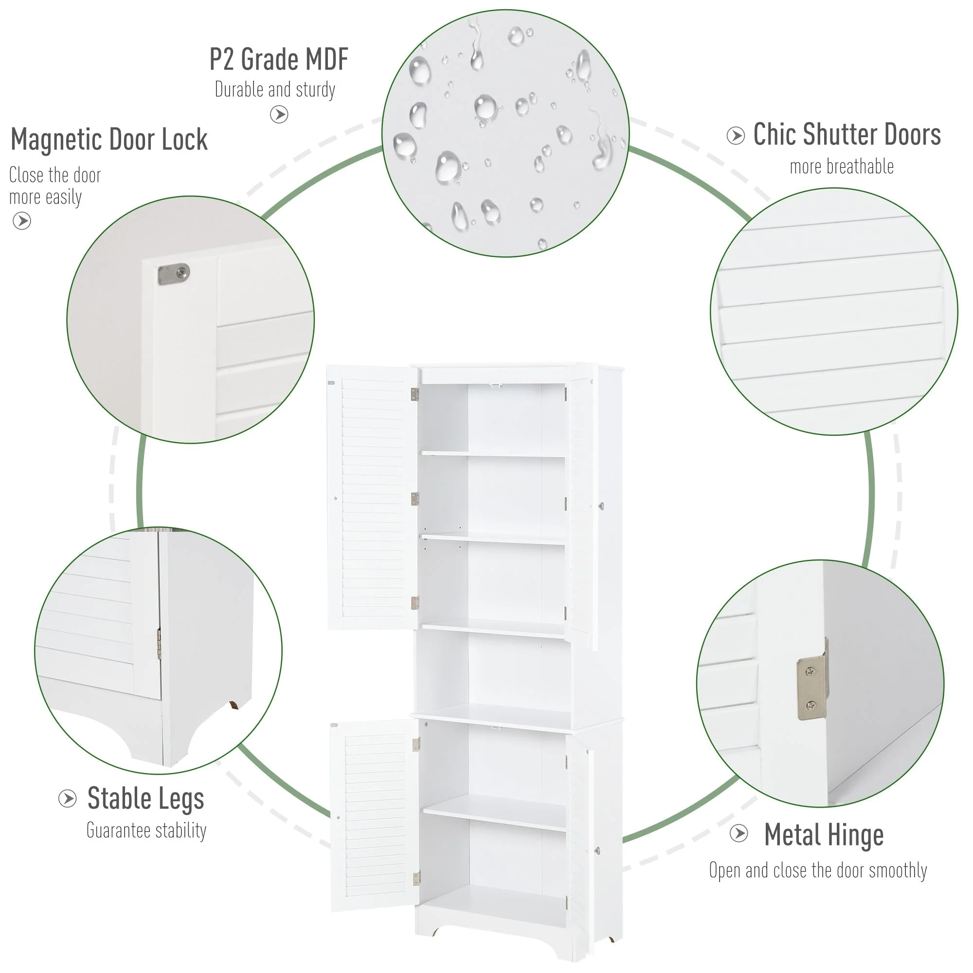 Homcom Tall Freestanding Bathroom Cabinet Retro Shutters W/ 3 Compartments Shelves Elevated Base Narrow Organiser White 60L X 30W X 182.5H cm - Image 7
