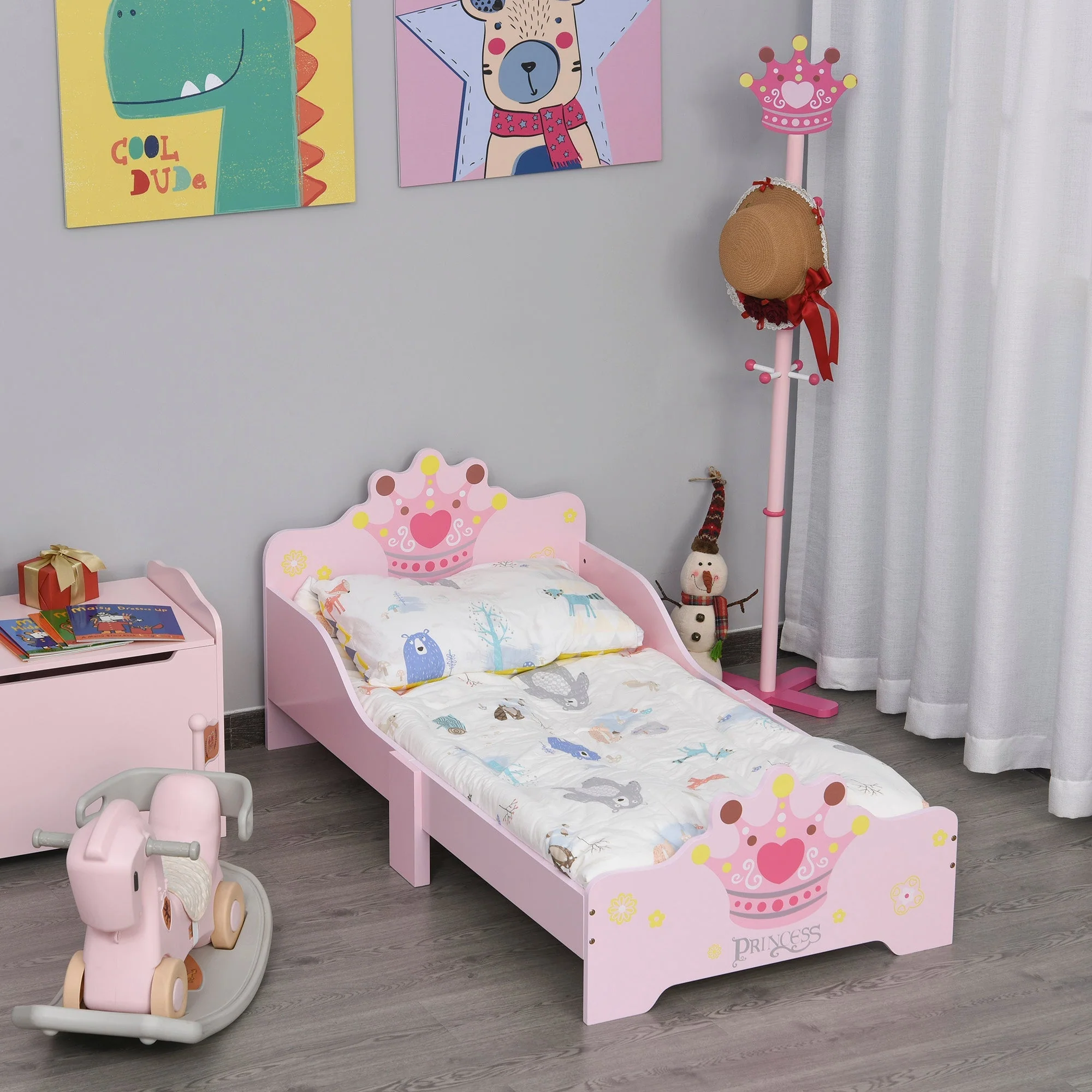 Kids Toddler Bed Princess Crown Theme Safety Side Rails Slats Home Bedroom Furniture Boys Girls 3-6 Yrs Pink 143 x 73 x 60 cm - Image 2