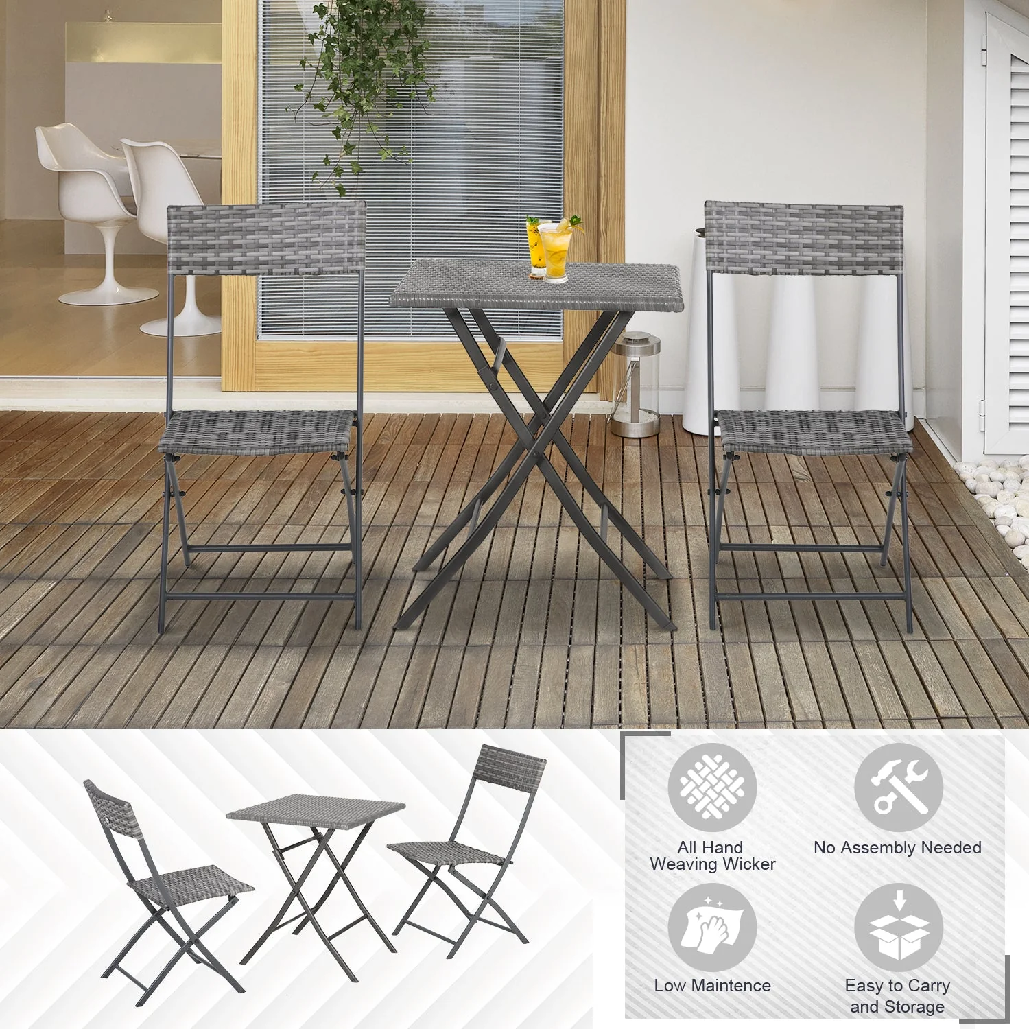 Foldable 2-Seater Chair Bistro Set Garden Patio Table & Chair Black Rattan Furniture - Image 4