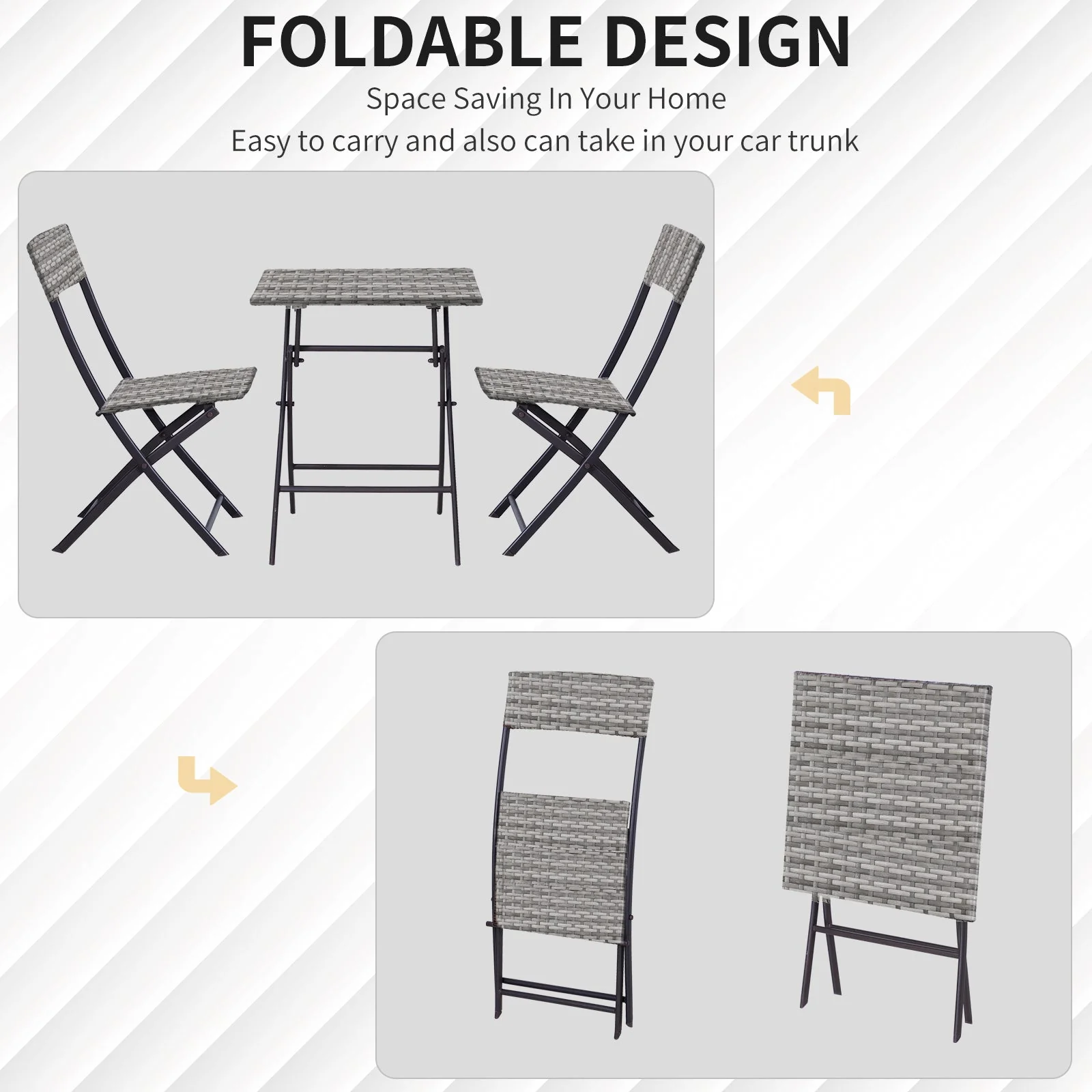 Foldable 2-Seater Chair Bistro Set Garden Patio Table & Chair Black Rattan Furniture - Image 5