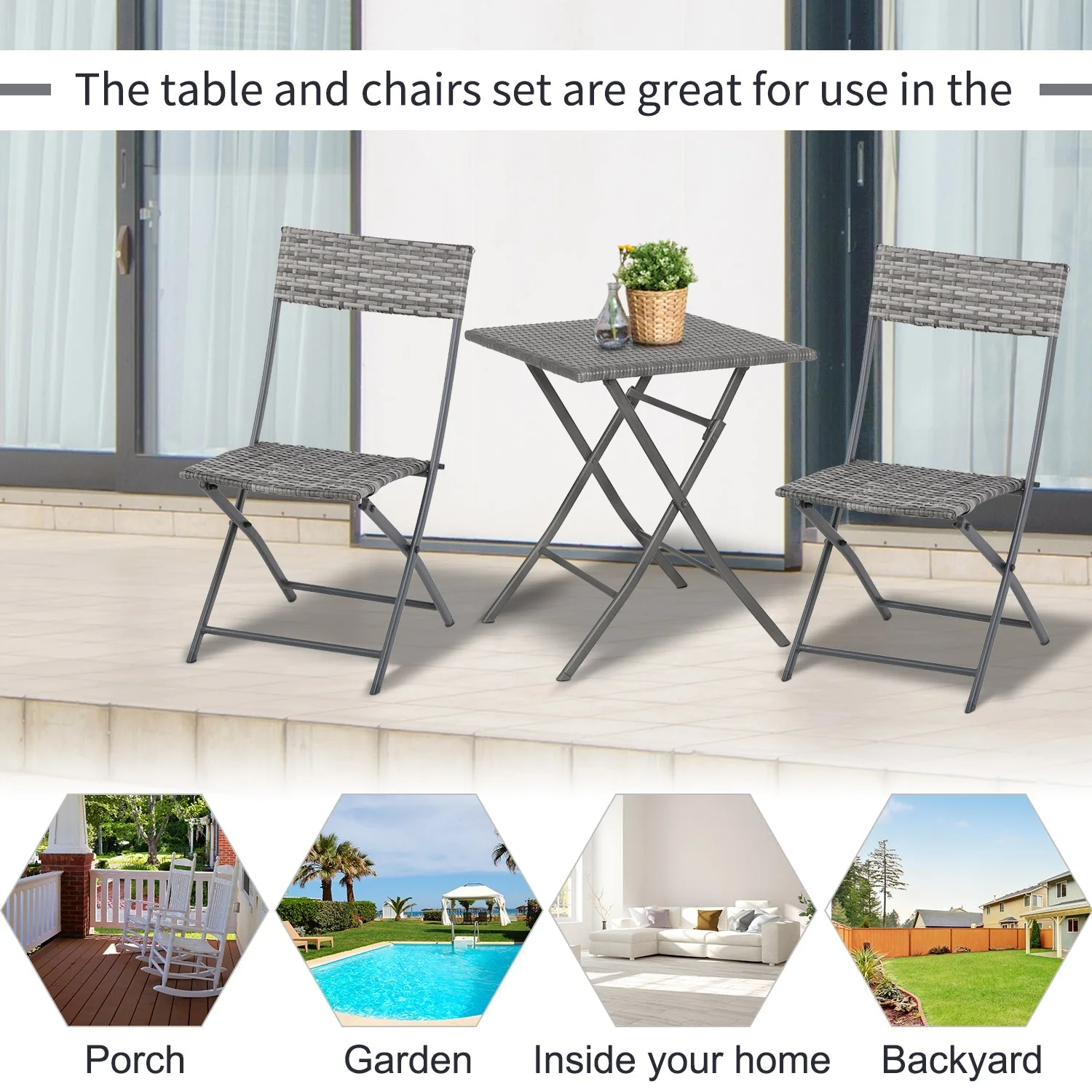 Foldable 2-Seater Chair Bistro Set Garden Patio Table & Chair Black Rattan Furniture - Image 6