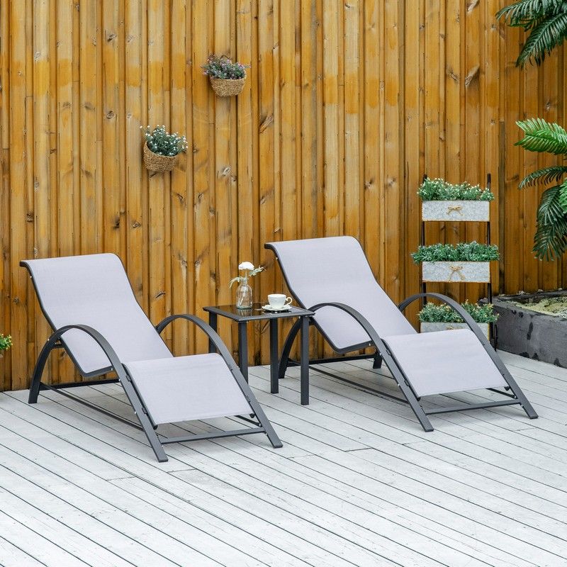 3 Pieces Lounge Chair Set Metal Frame Garden Outdoor Recliner Chair with Table
