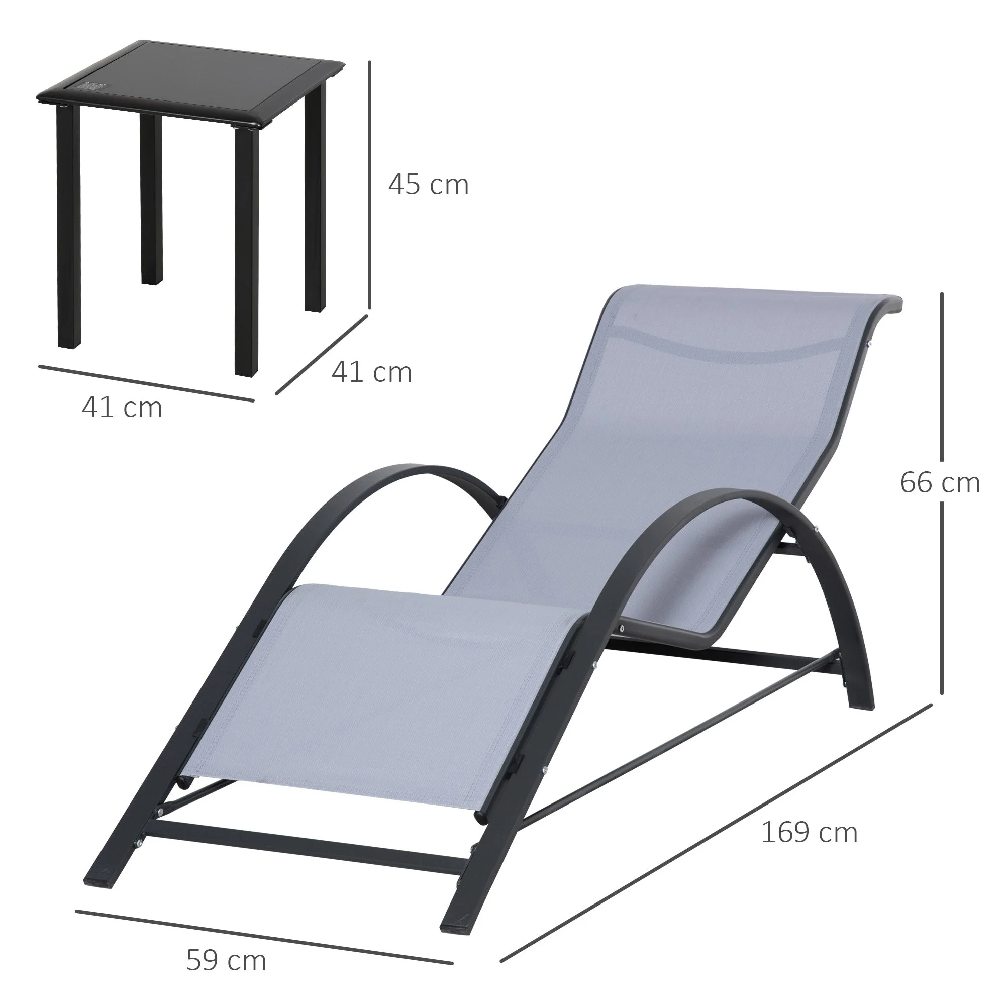 3 Pieces Lounge Chair Set Metal Frame Garden Outdoor Recliner Chair with Table - Image 2