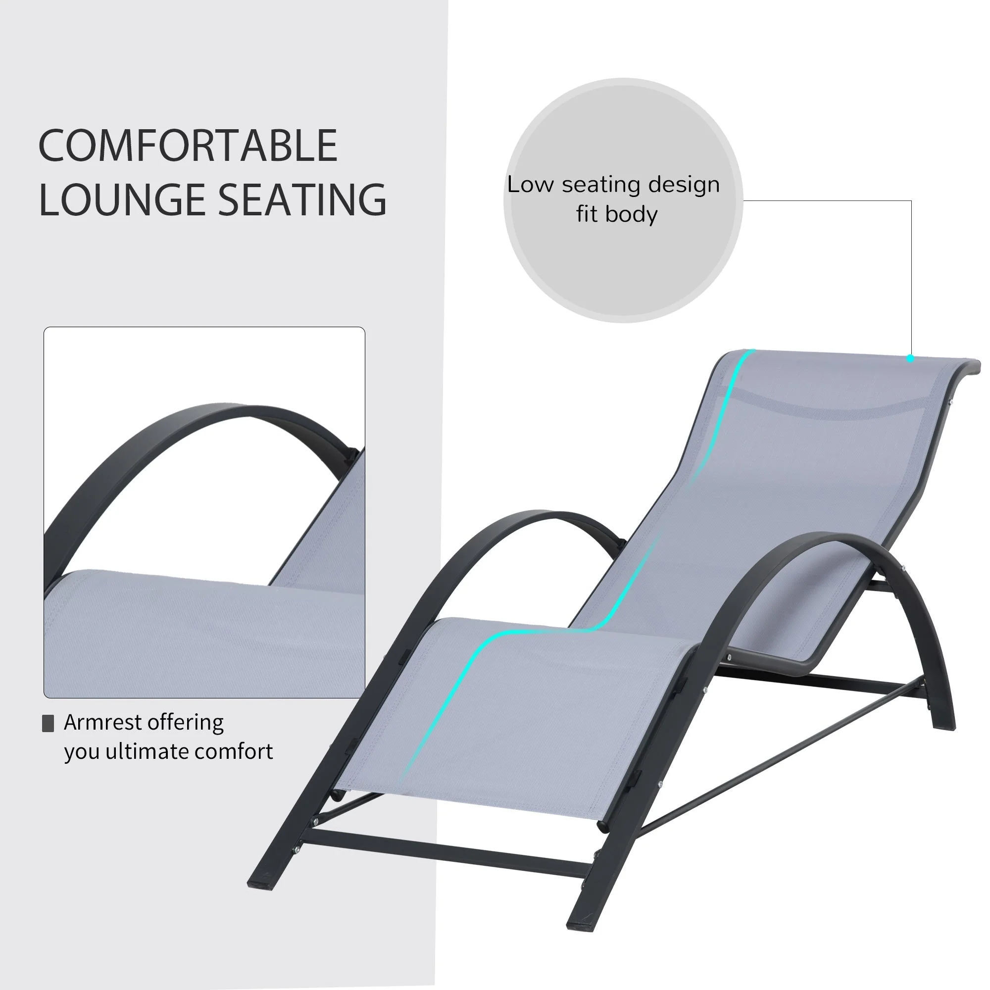 3 Pieces Lounge Chair Set Metal Frame Garden Outdoor Recliner Chair with Table - Image 3