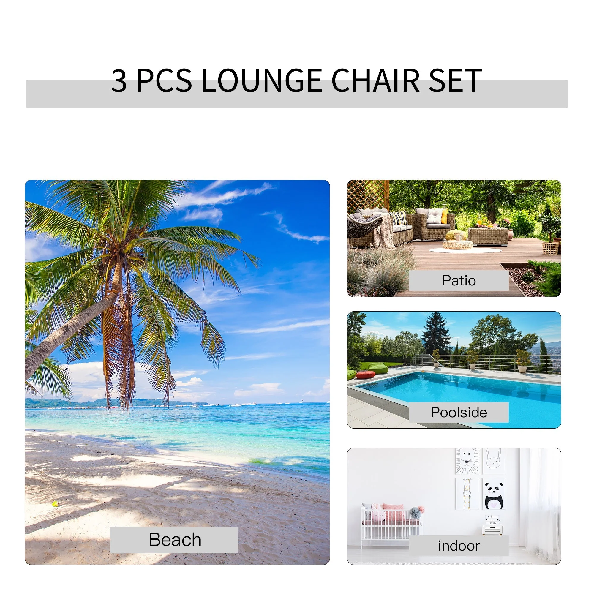 3 Pieces Lounge Chair Set Metal Frame Garden Outdoor Recliner Chair with Table - Image 6