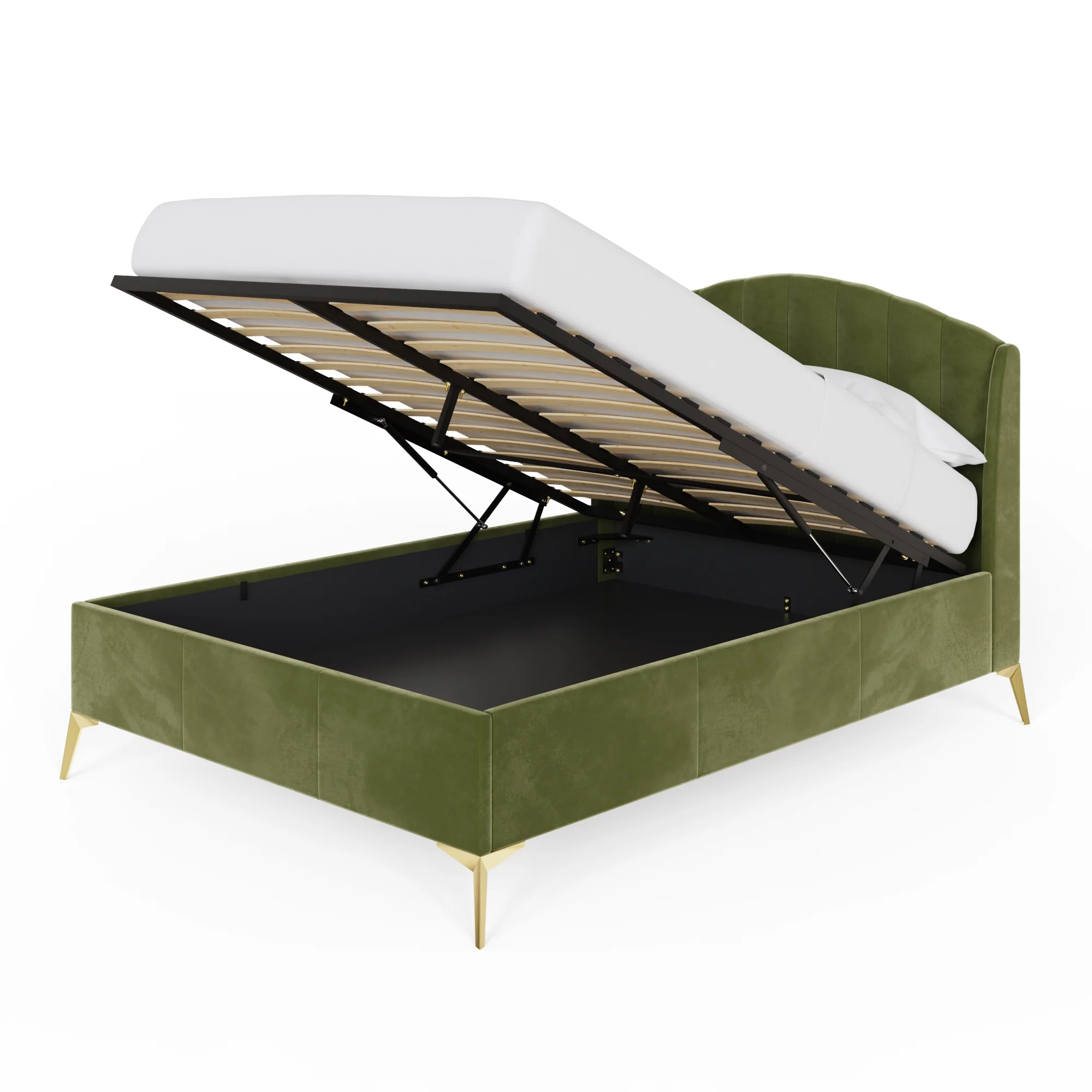 Pettine Double Ottoman Bed Wood & Fabric Green 5 x 7ft - Image 2
