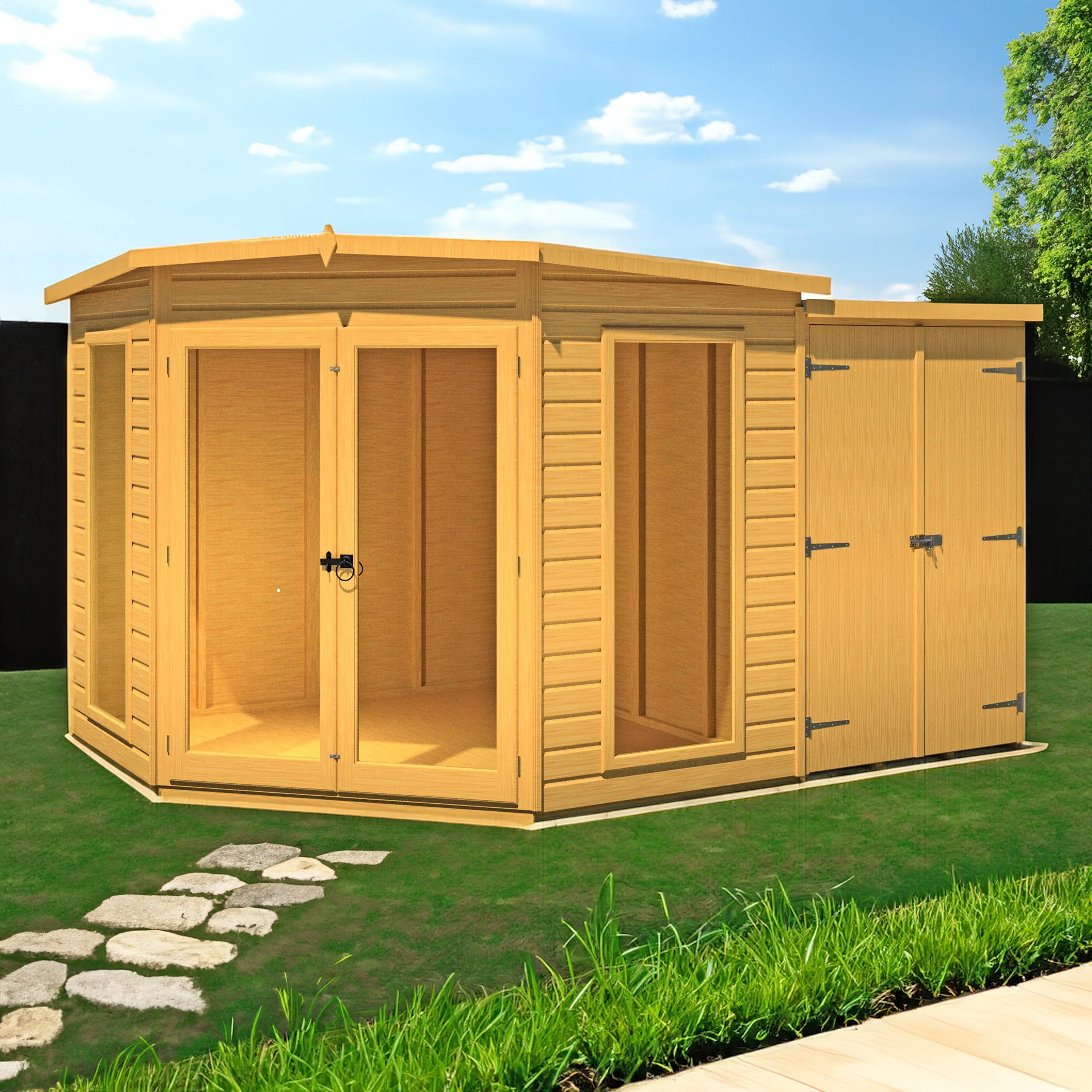 Shire Barclay 3' 9" x 7' 4" Pent Summerhouse with Side Shed - Premium Coated Shiplap