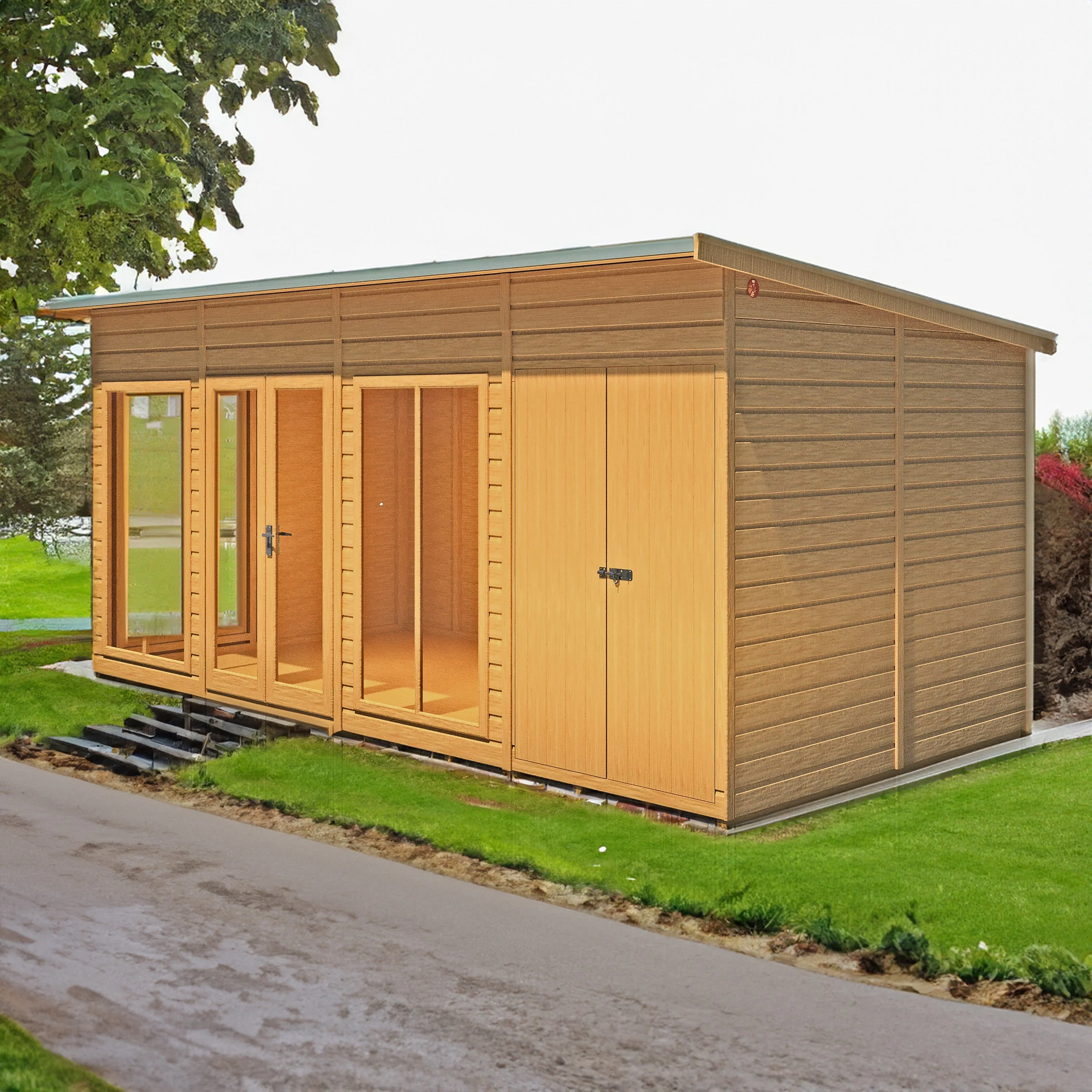 Shire Lela 7' 9" x 15' 7" Pent Summerhouse with Side Shed - Premium Dip Treated Shiplap