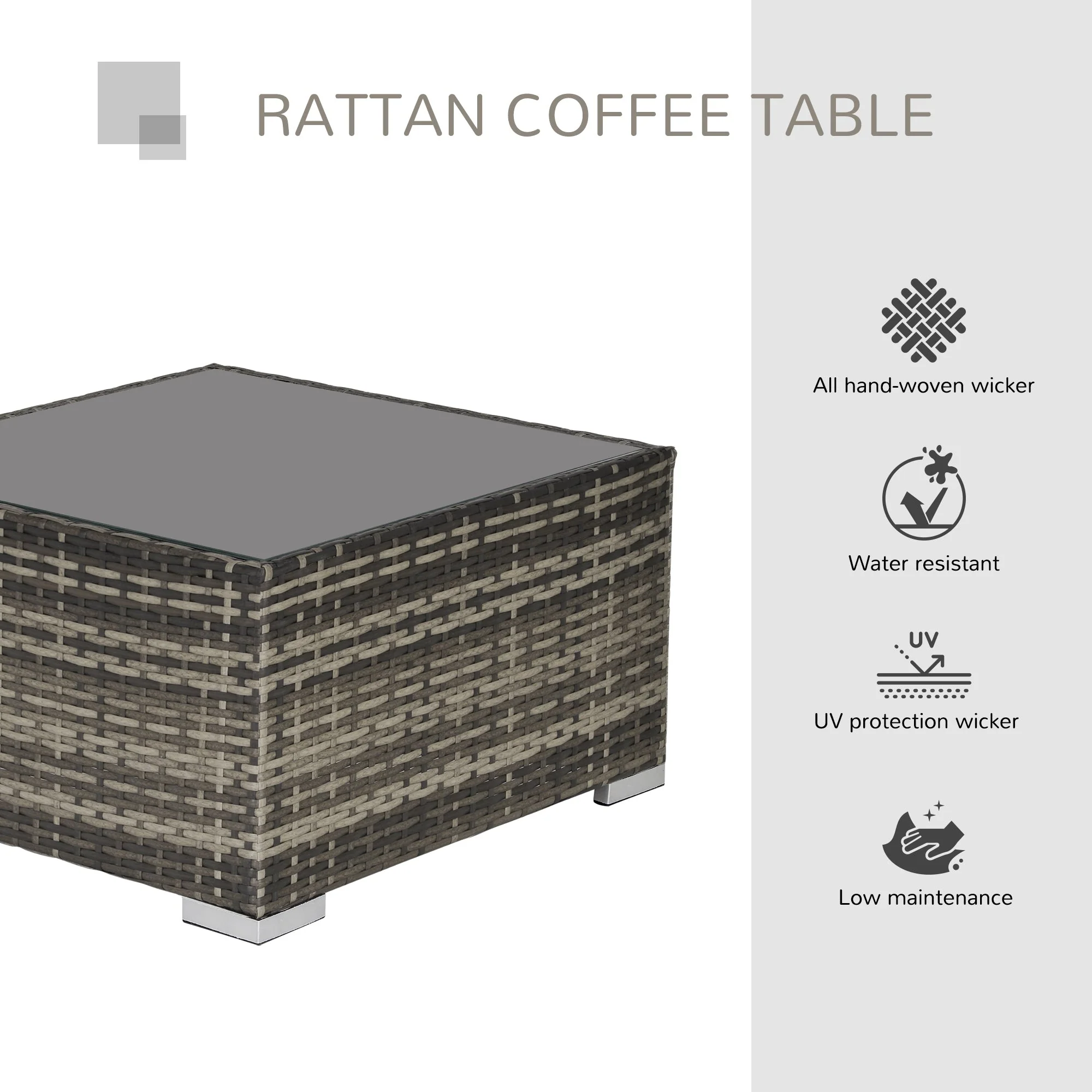 Square PE Wicker Rattan Table with Glass Top - Image 4
